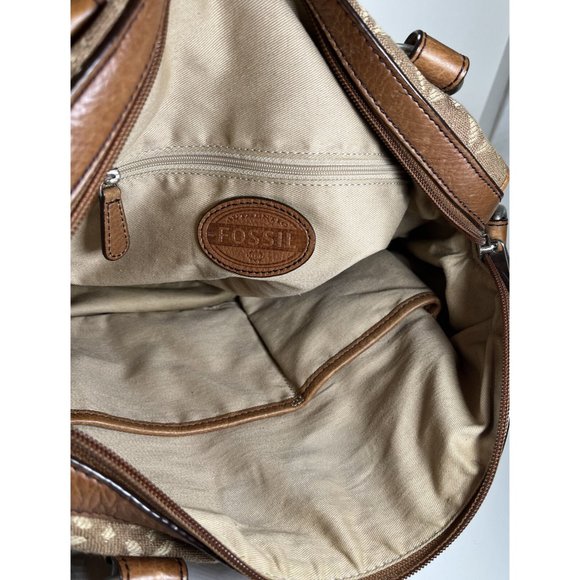 Fossil Brown Patterned Fabric and Leather Satchel Shoulder Bag - Picture 3 of 12